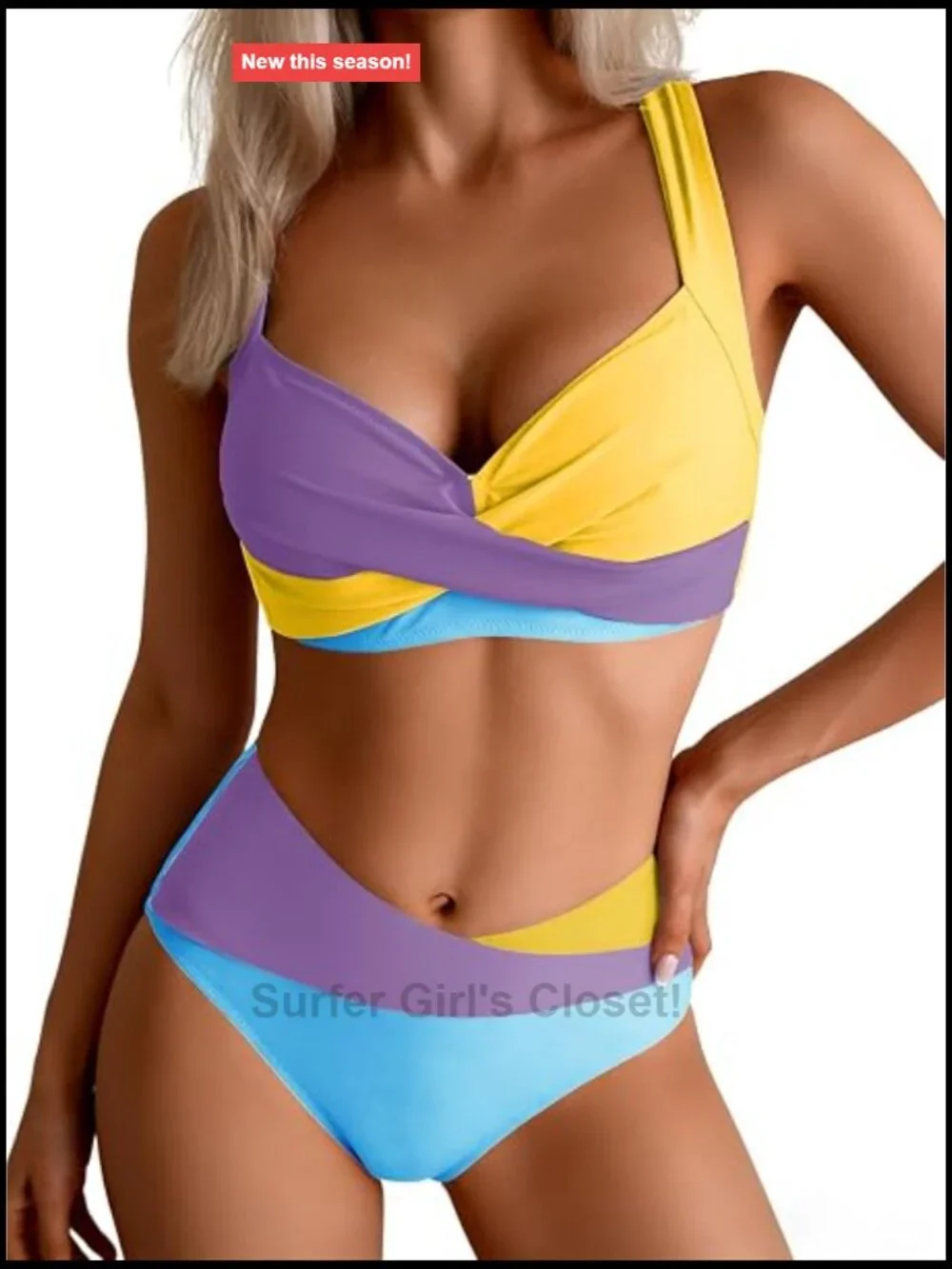 Two Piece Bikini Set Mid Rise Color Block Tie Back Push Up Swimsuit